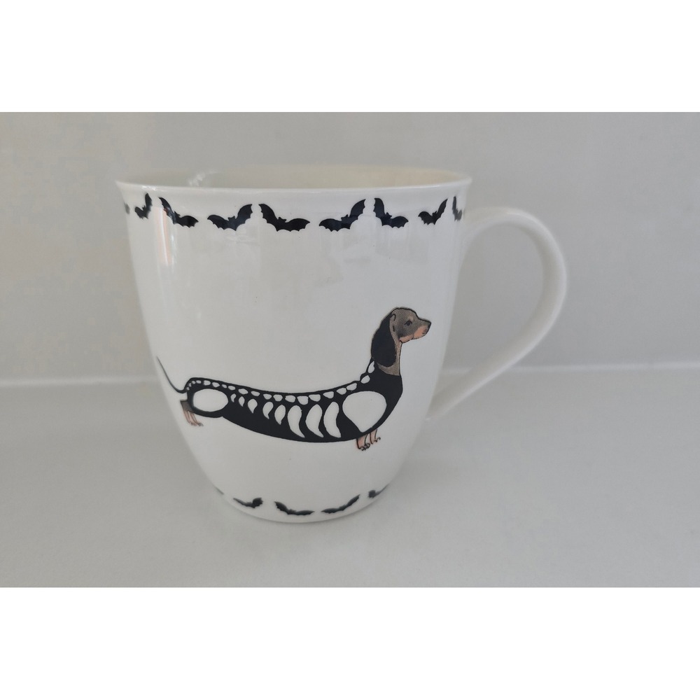 Milly Green Happy Howloween Dachshund‎ Skeleton Ceramic Coffee Mug White Black